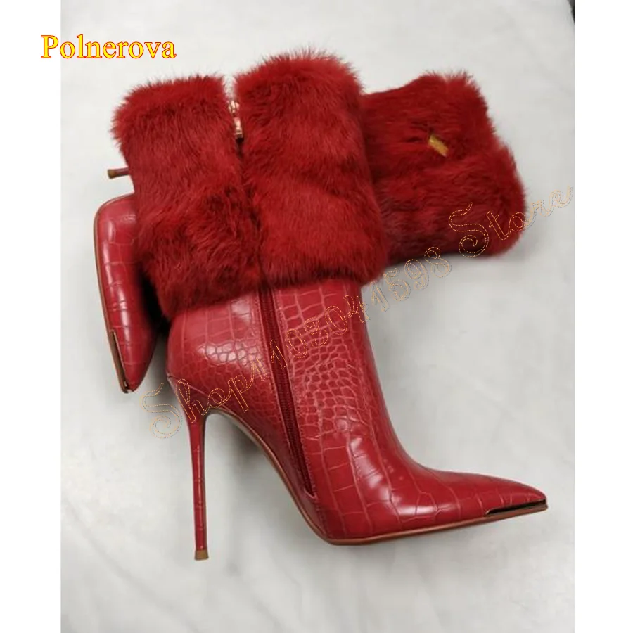 

Vintage Red Crocodile Leather Boots,Pointed Toe Thin Heel Mid Calf Boots Side Zipper Women Boots 2023 New Zapatos Para Mujere