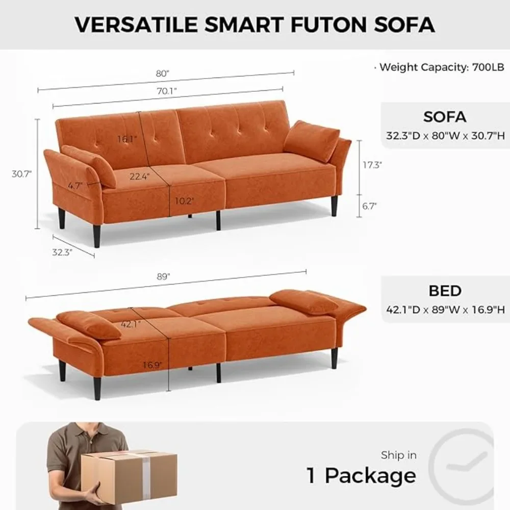 89” Futon Sofa Bed, Comfy Futon Couch Bed with 2 Square Pillows, Convertible Sleeper Sofa with Adjustable Backrest