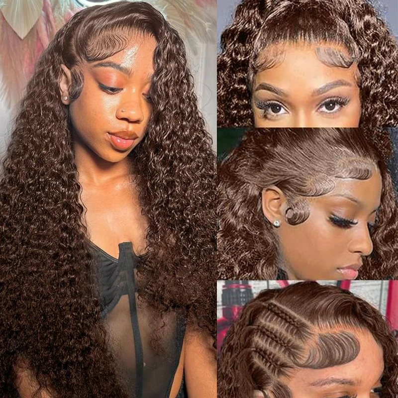 Chocolate Brown 13x6 Lace Front Human Hair Wig Water Wave #4 Lace Frontal Wigs For Women Pre Plucked Human Hair Wigs 28 inch