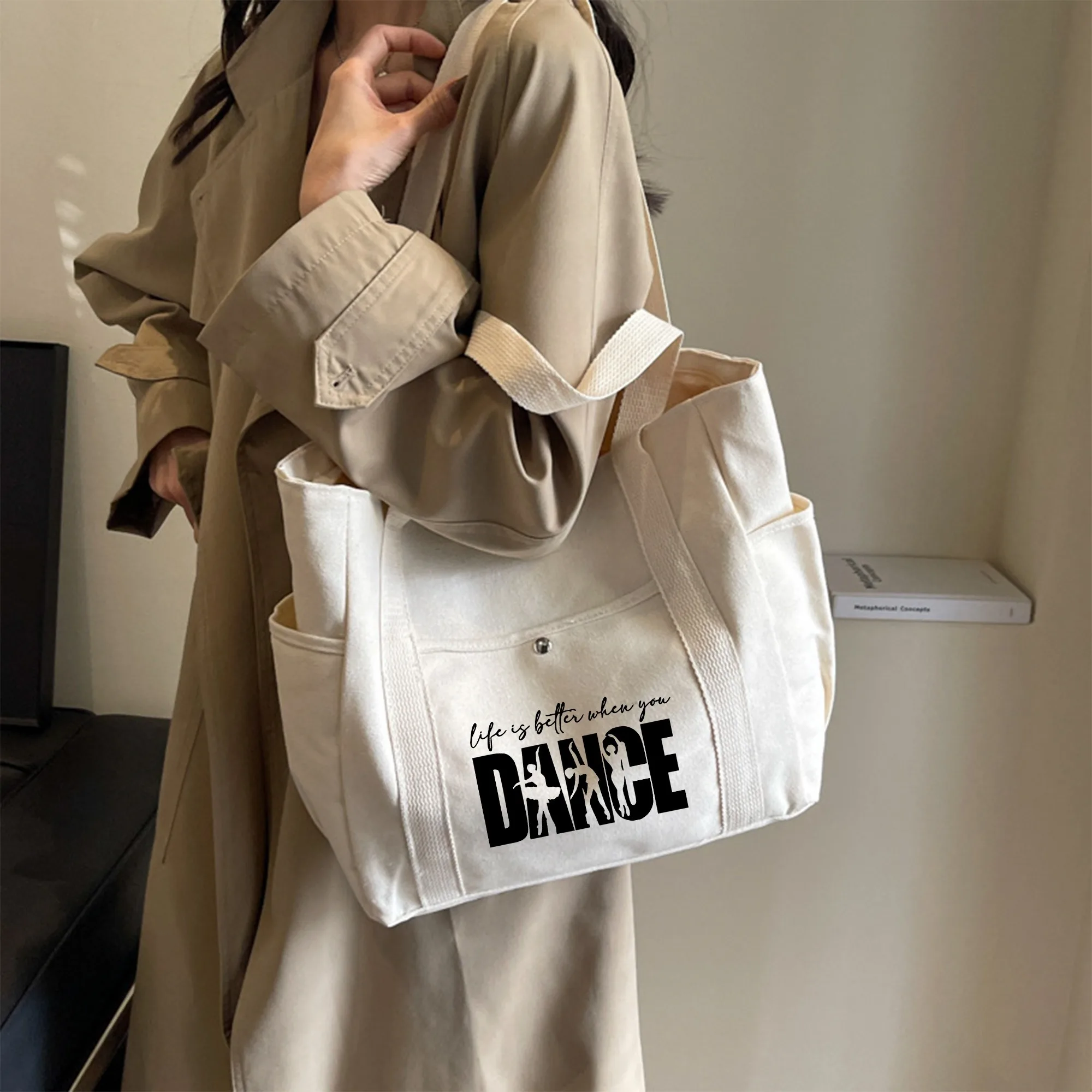 Dance-Inspired Printed Fashion Tote Bag, Large Capacity Multi-Pocket Work and Commuting Handbag view 4