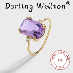 NEW Fashion 14K Gold Rectangular Amethyst Full Diamond Couple Ring For Women Sterling S925 Silver Engagement bridal Gift Jewelry