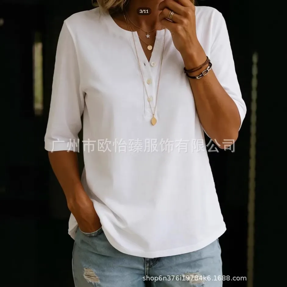Short Sleeve Crew Neck Shirt with Button Closure Loose Fit Regular Sleeve Pullover Office Style Women Blouses and Shirts