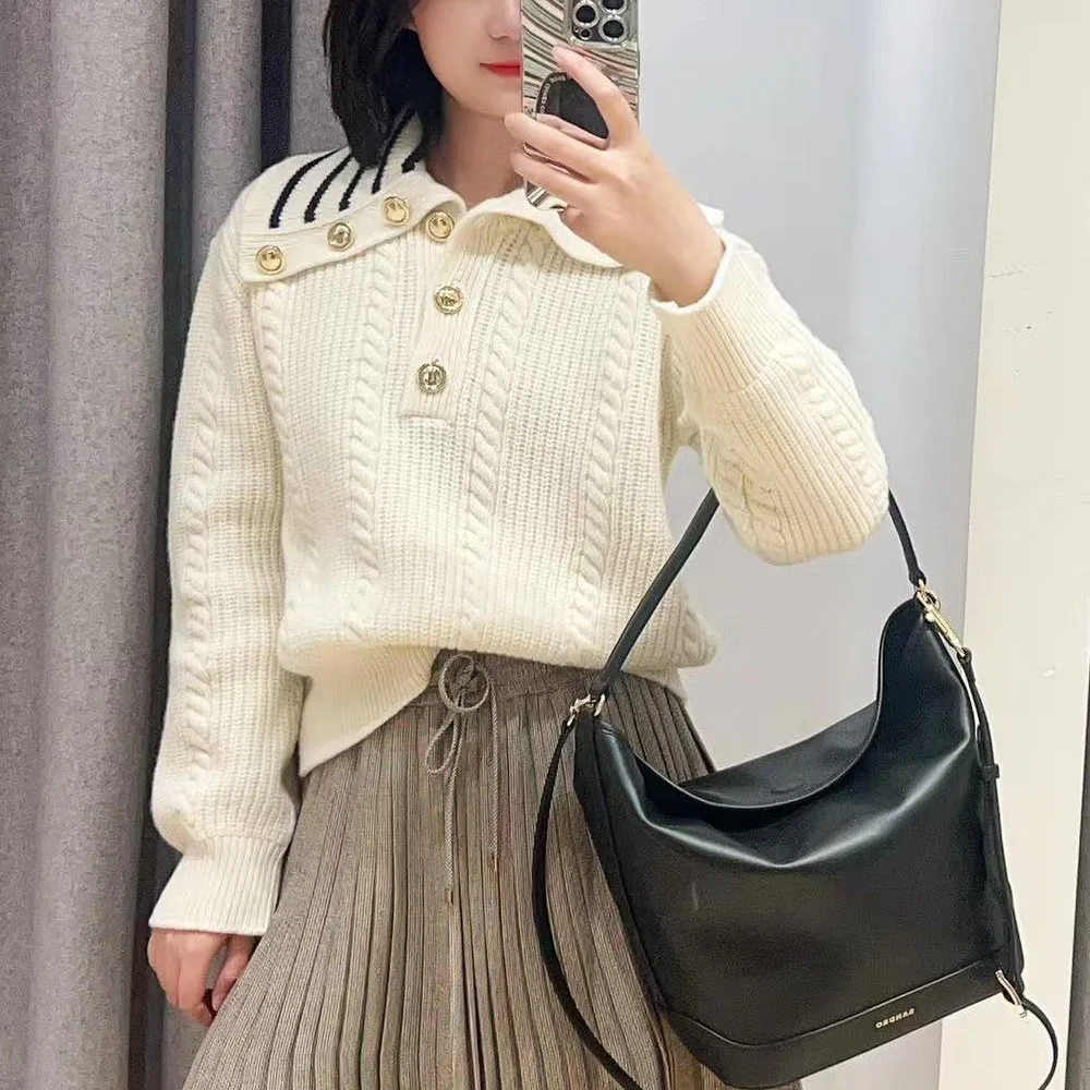 

Женское длинное вязаное платье S Home 2024, осенне-зимняя новинка, простое, с крупным воротником, в полоску, белое, модное, антивозрастное