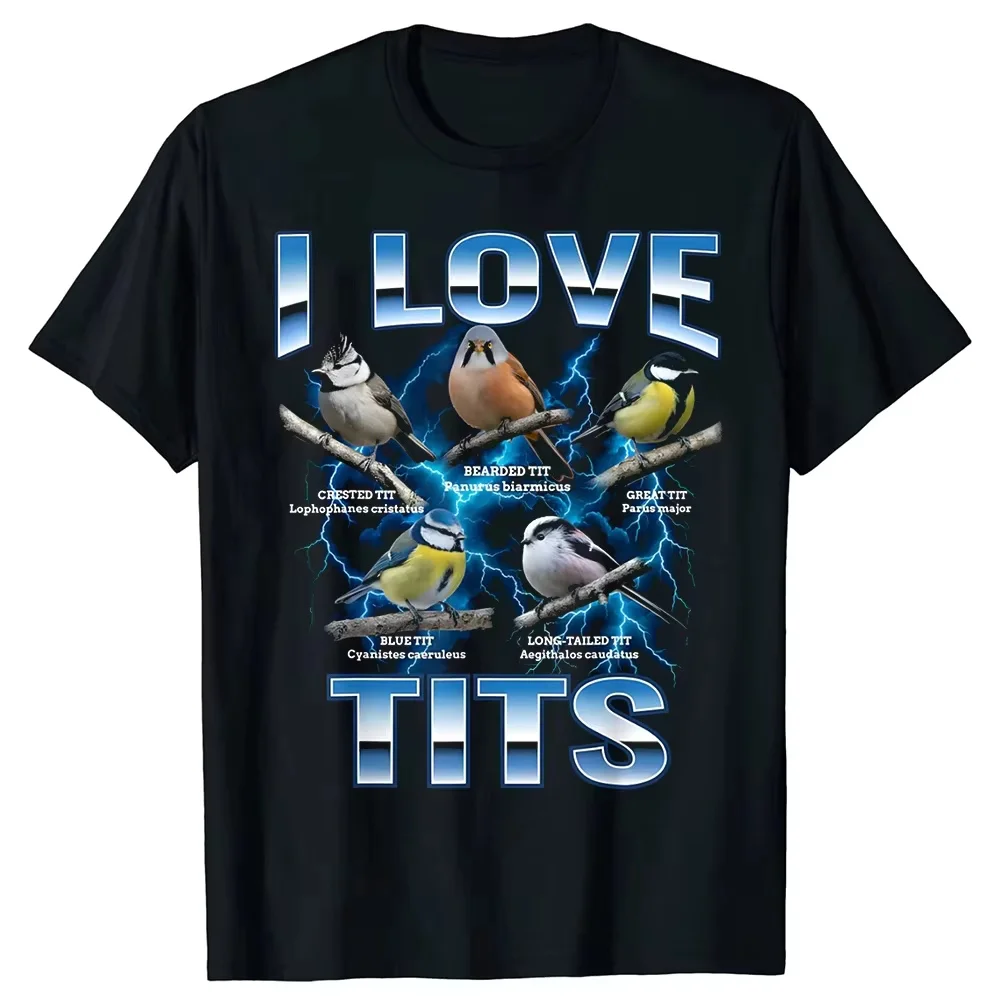 Lustiges Vogel-Meme „I Love Tits“ Vogelbeobachtung Retro T-Shirts Herren Print T-Shirt Locker Oversized Streetwear Hip Hop Unisex T-Shirt
