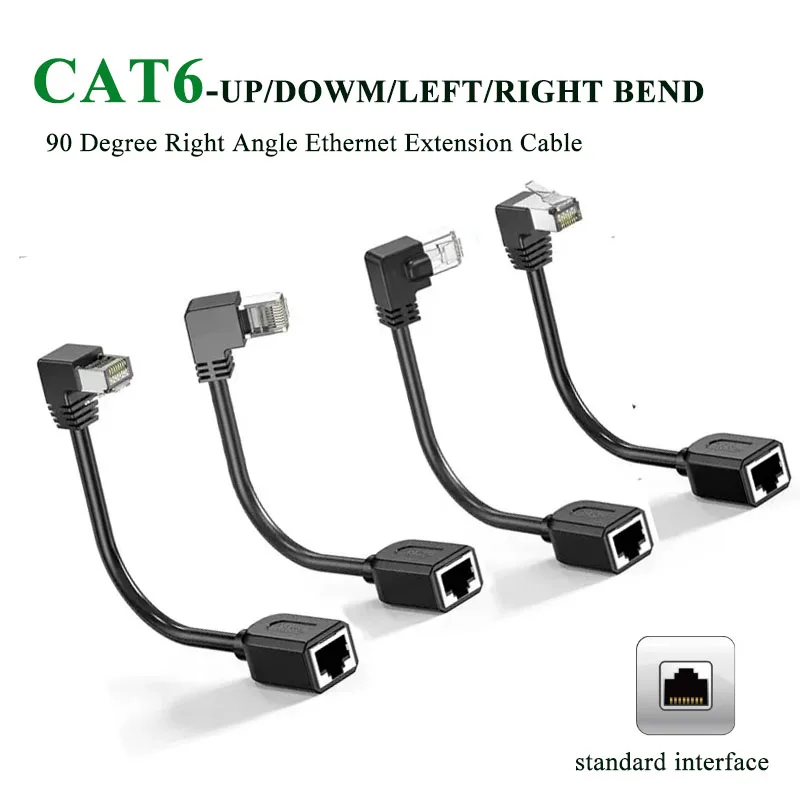 Elbow CAT6 RJ45 Network Extension Cable 90 Degrees Gigabit Male to Female RJ45 Shielded Network Cable Extender with Ear Up/Down
