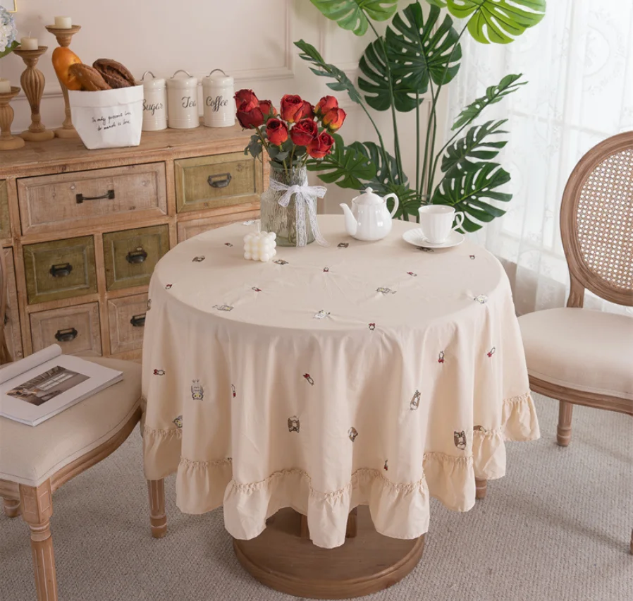 Cute Embroidered Cotton Tablecloth with Ruffle Hem Beige Farmhouse Round Rectangle Table Cover for Kitchen Dining Room
