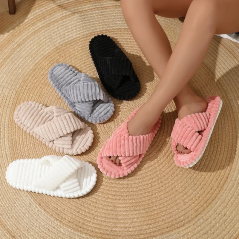

2026 Women Solid Color Plush Slippers Couples Hollow Out Warm Open Toe House Slides Lady Comfortable EVA Sole Indoor Flip Flops