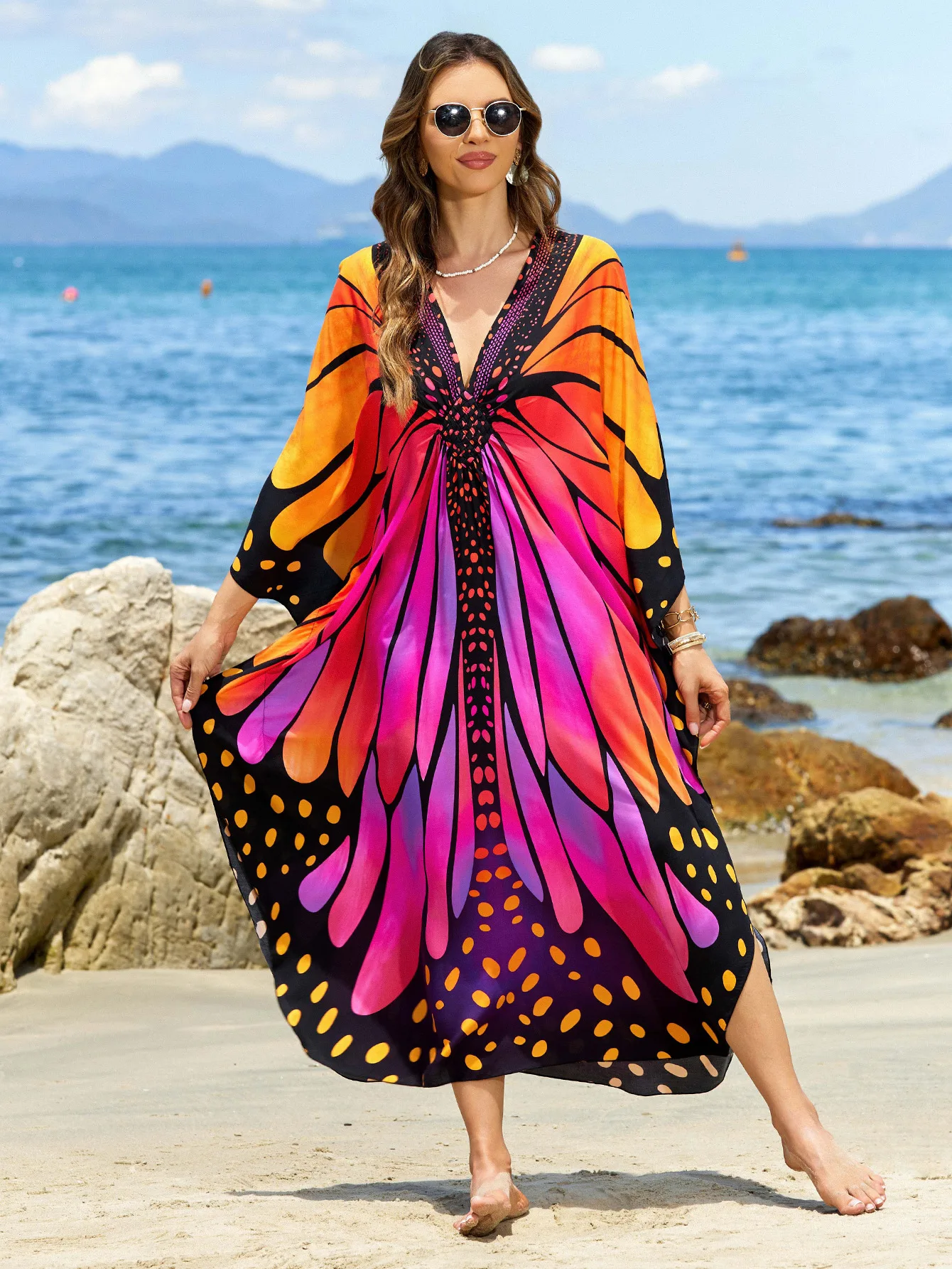 

Кафтаны для женщин, красочные пляжные платья с принтом бабочки, купальник ручной работы, накидка на летние каникулы, пляжная одежда, дропшиппинг