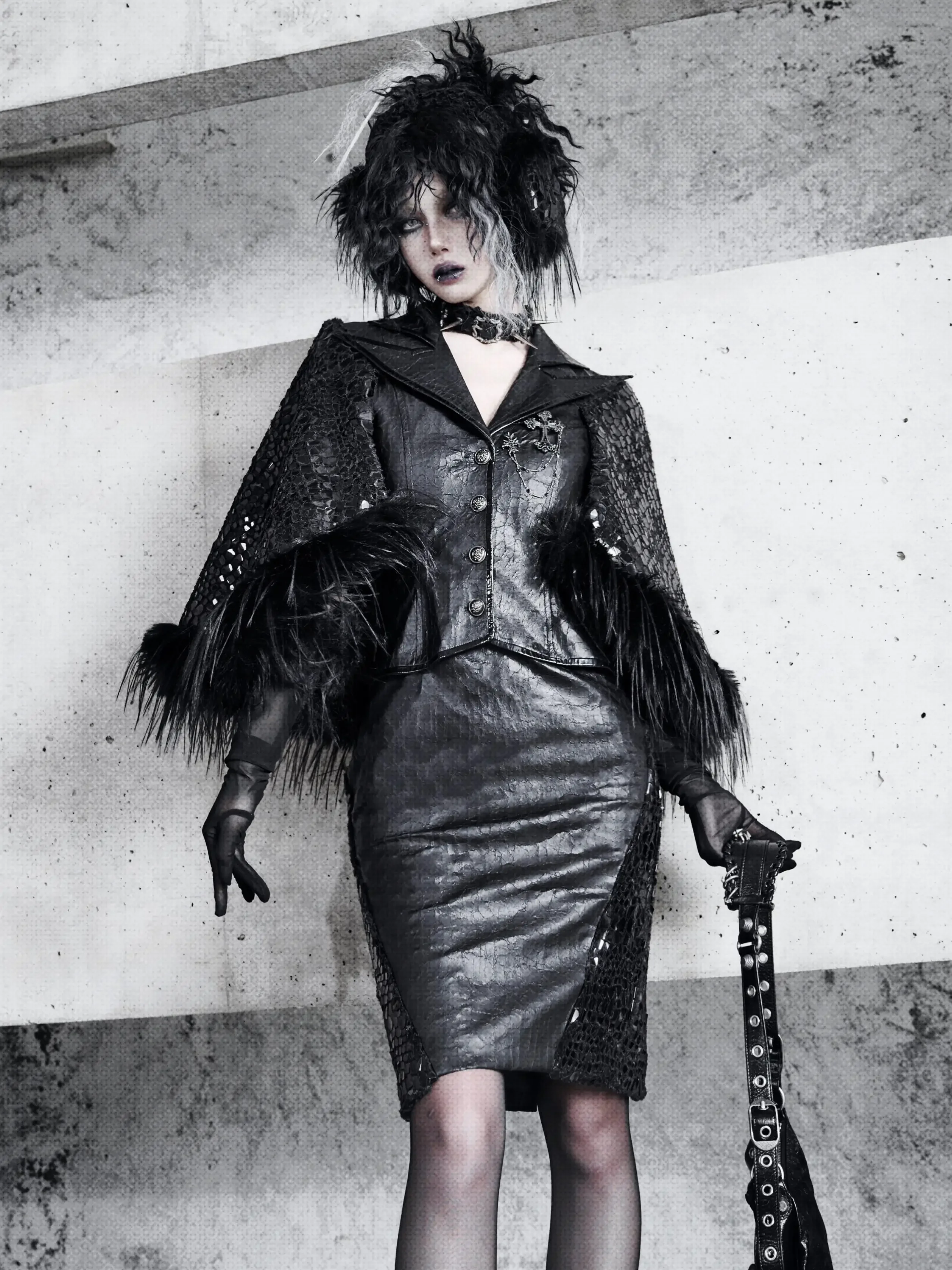 Blood Supply Original Design Women Snake Skin Black Gothic Leather Fur Office Queen Cape Blazer Outercoat Ponchos