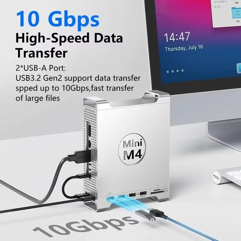 USB HUB Docking Station for Mac Mini M4/M4 Pro M.2 NVMe SSD Enclosure 8TB Max 10Gbps USB-A/C SD&TF USB Splitter Dock