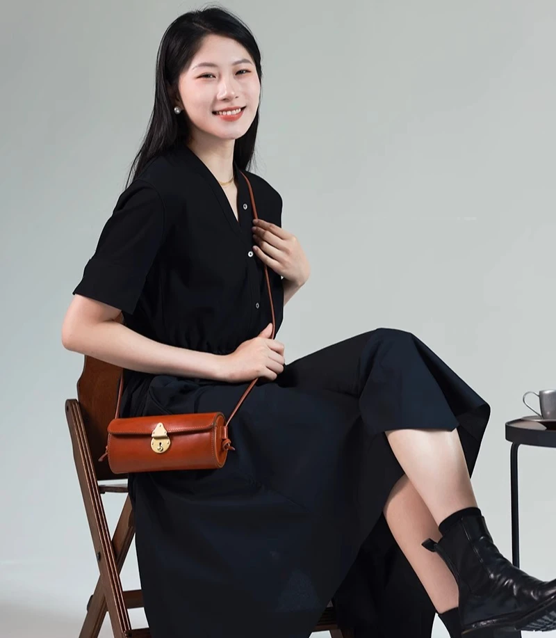 Handmade leather messenger bag for women, vintage style handcrafted leather cylindrical bag pillow bag cross body