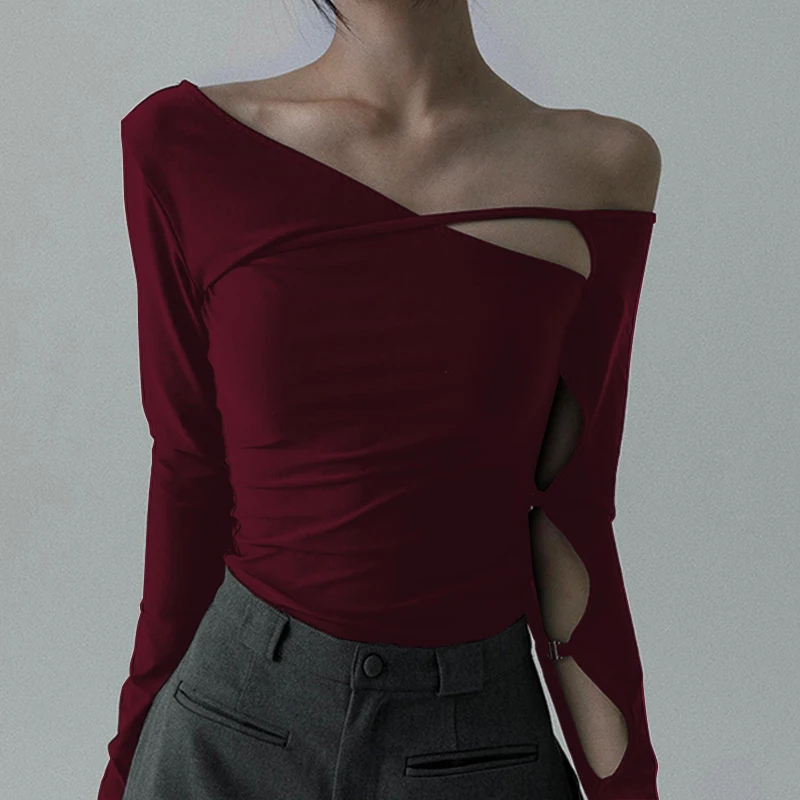 Street Style Spicy Girl Asymmetrical Shoulder Long Sleeve T-Shirt Women Summer Slim Fit Dancing Top Pure Color Casual Wear