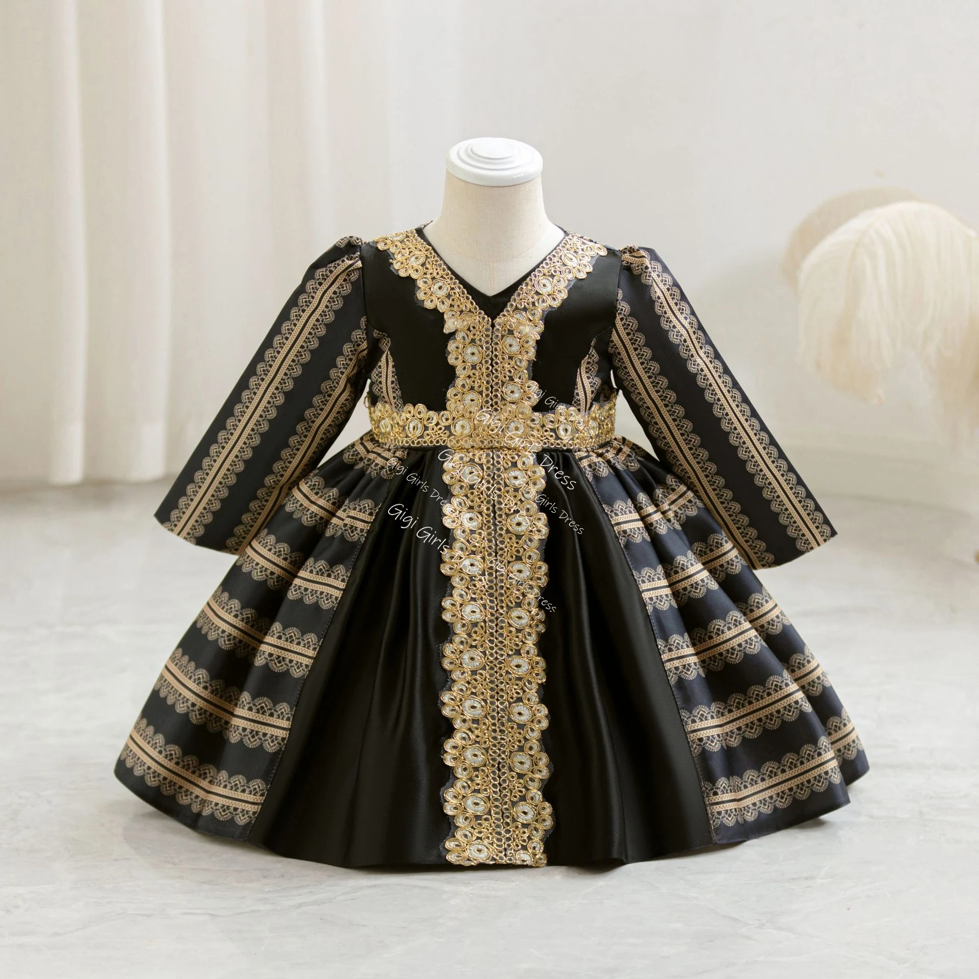 Платье принцессы для маленьких девочек с цветочным принтом и длинными рукавами, арабские халаты для малышей, золотое кружевное платье с поясом на день рождения, платье с цветочным узором для девочек