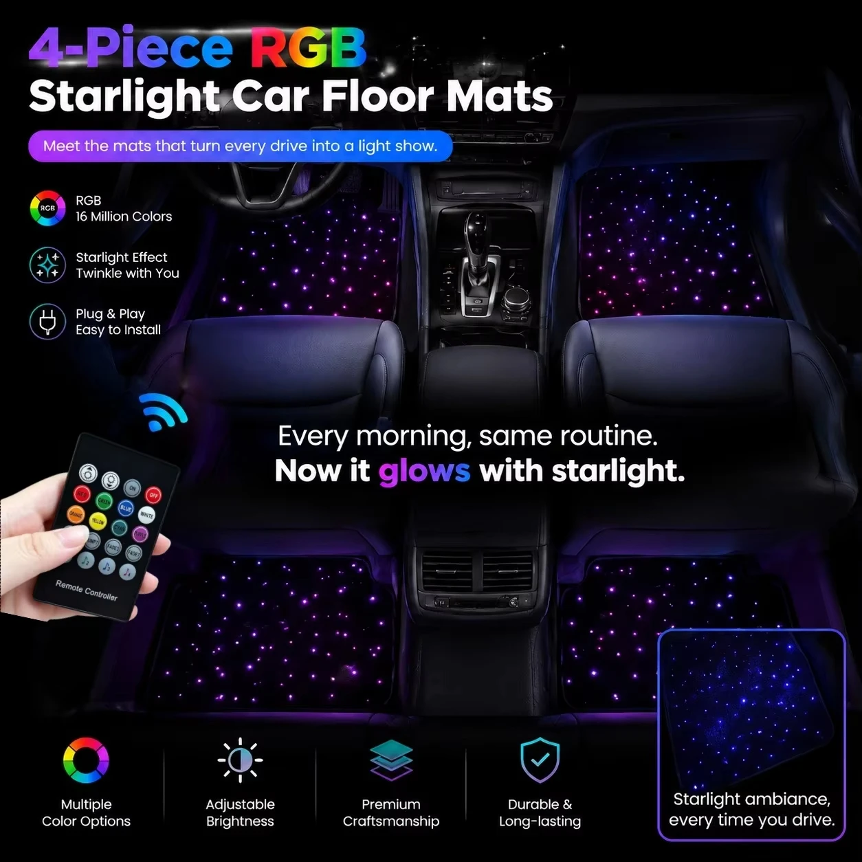 Fiber Optic Twinkle Stars Car Mat Ambient Mood Lamp App Remote Control Colorful Multifunctional Auto Decoration Atmosphere Light