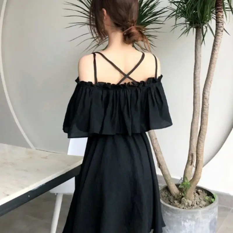 2022 Summer Women White Black Chiffon Dress Backless Lotus Leaf Short Sleeve Ladies Sundress