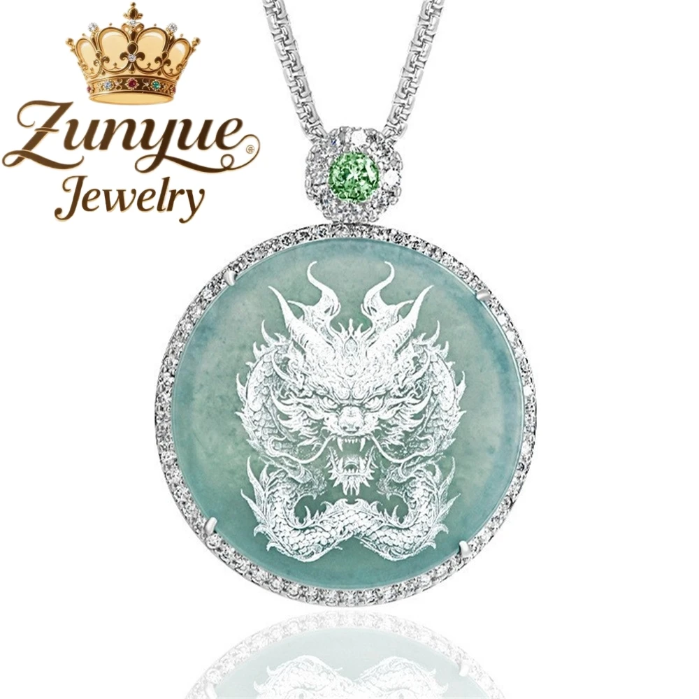Natural Genuine Ice-Grade Jadeite Blue Water Emerald With Effect Dragon-Shaped Plaque Copper-Plated Silver Pendant Fine Jewelry