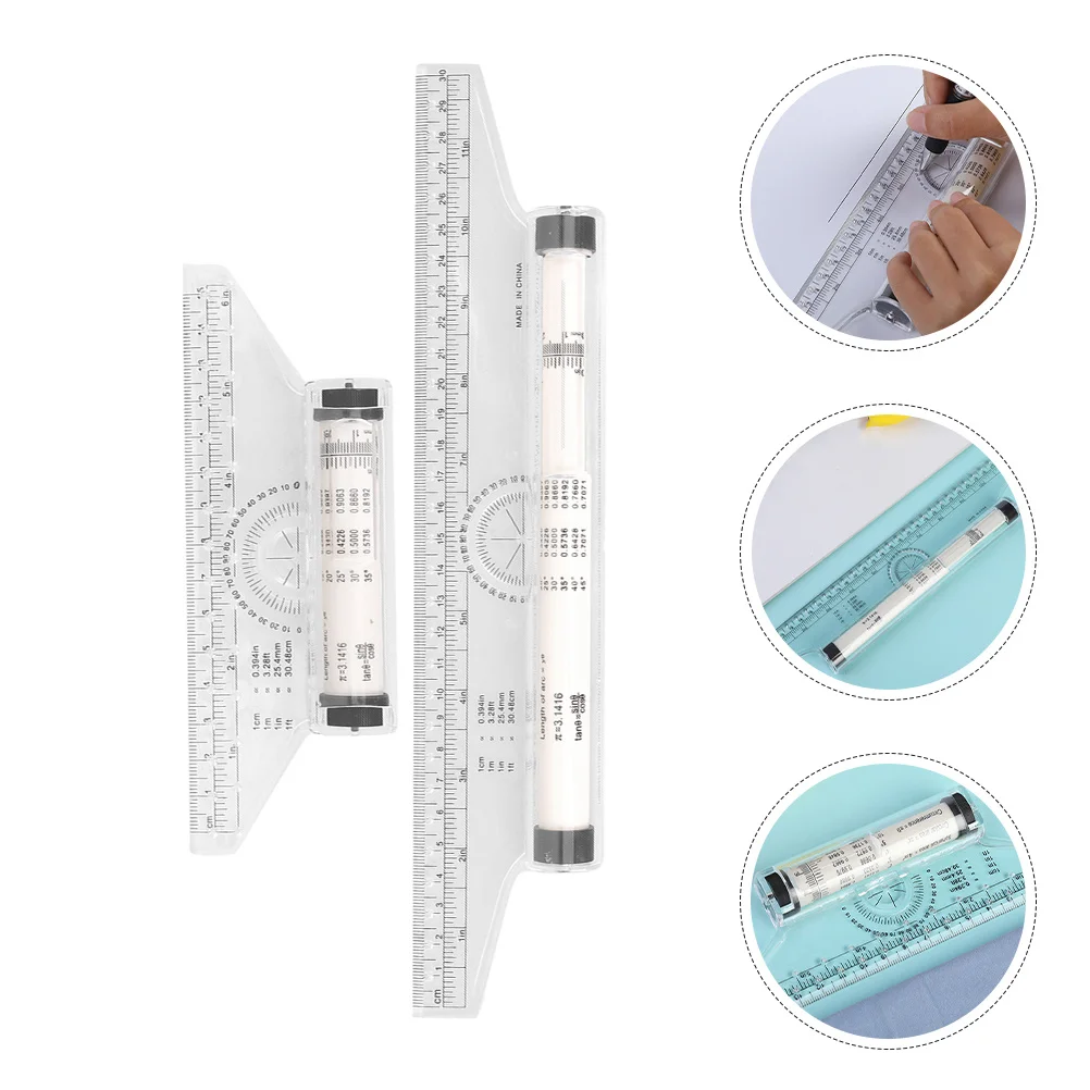 2pcs Plastic Parallel Rolling Ruler 30Cm Transparent For Students Engineers Drafting Drawing Measuring Angles Circles Arcs Lines