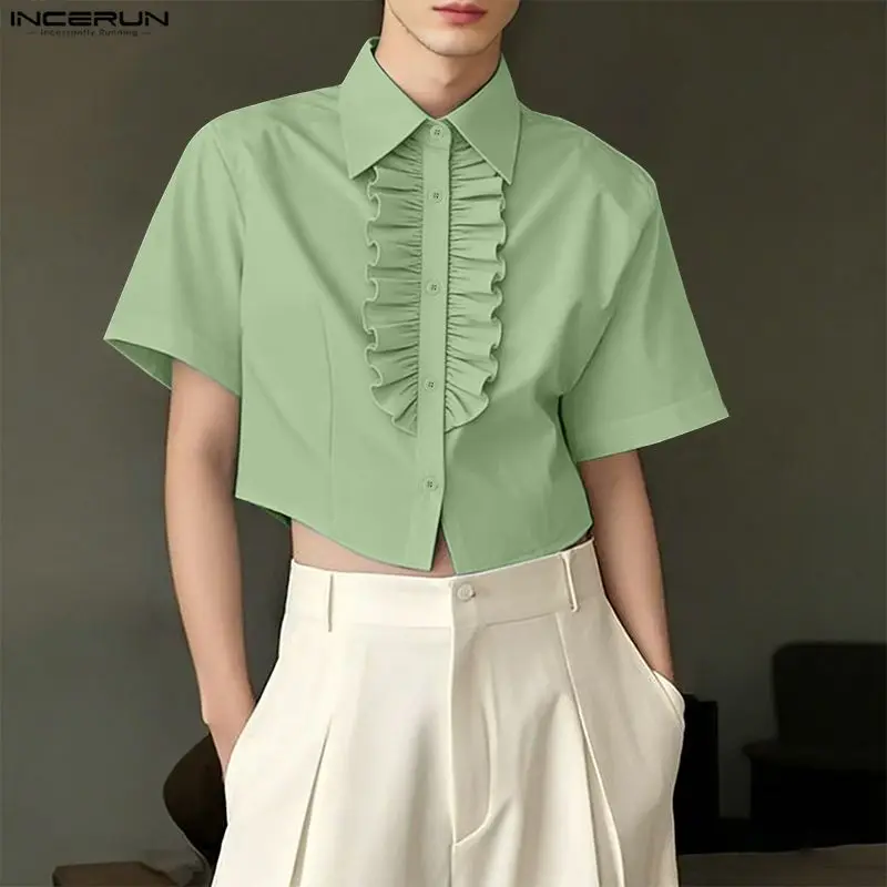 

INCERUN Men's Shirt Solid Color Lapel Short Sleeve Ruffle Men Clothes Streetwear 2026 Elegant Fashion Casual Crop Tops For Man