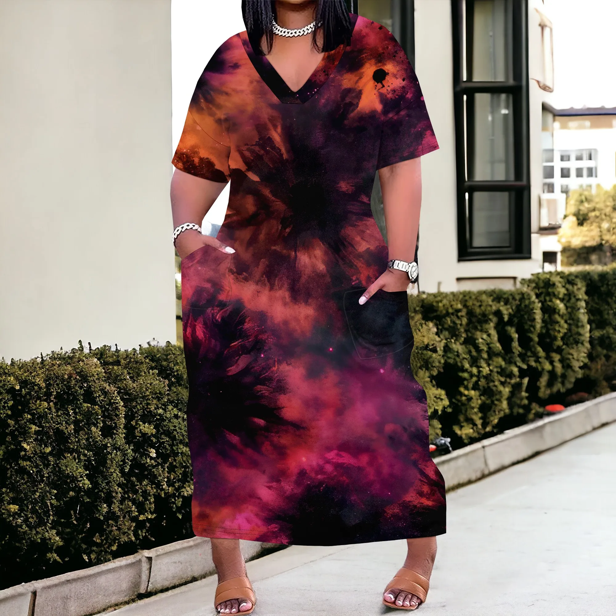 

SheFirstStyle Tie-Dye Maxi Dress Women's Plus Size S-4XL V-Neck Casual Dress with Pockets for Summer or Vacation