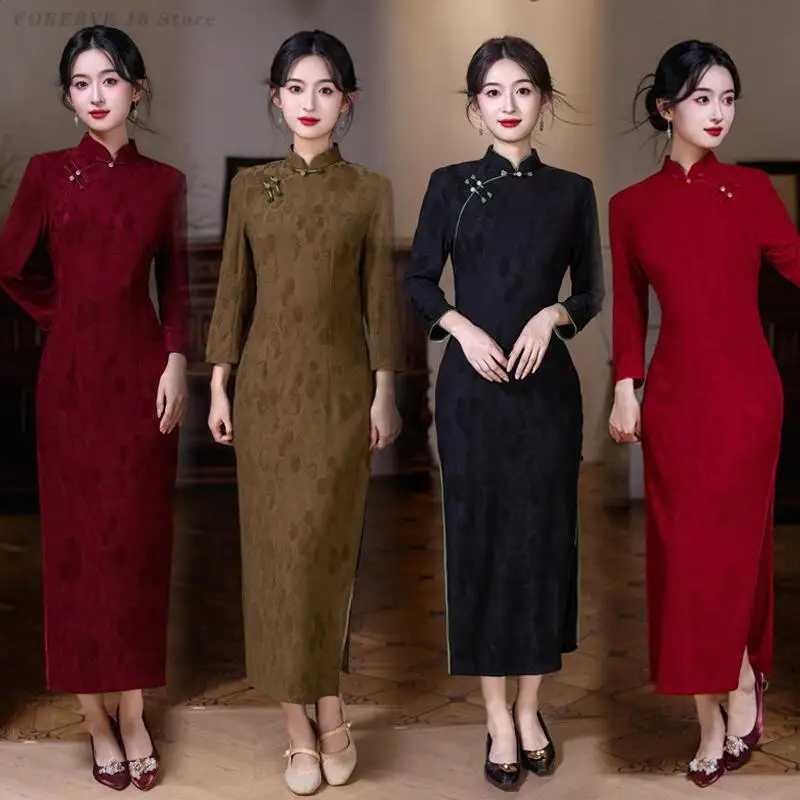 

Autumn New Qipao Plus Size 3XL 4XL Oriental Jacquard Cheongsam Traditional Improved Chinese Dress Vintage Wedding Party Gown