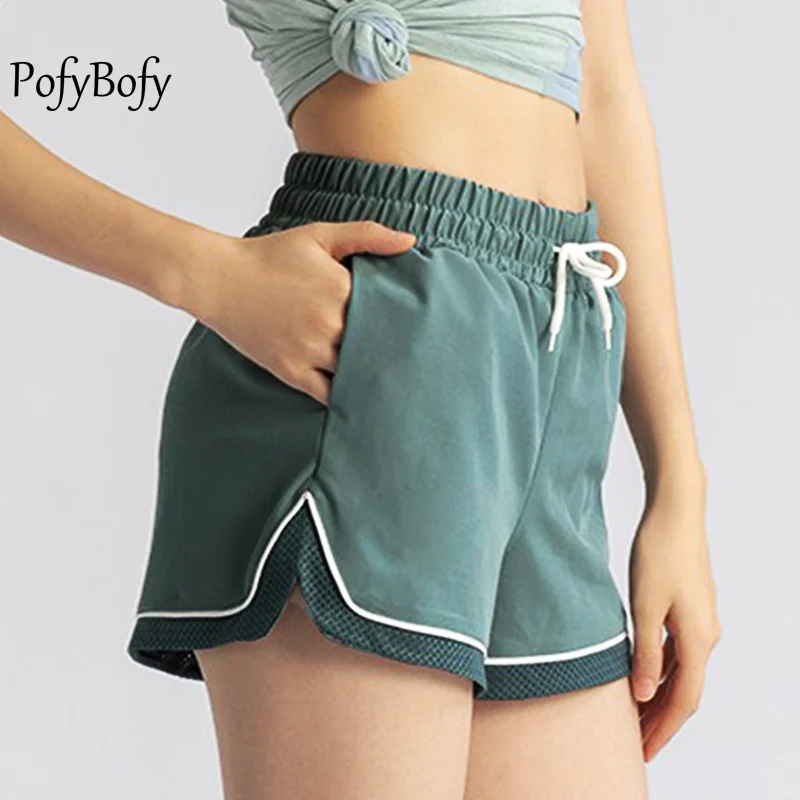 PofyBofy Adjustable Drawstring Side Pocket Fake Two Pieces Quick Drying Yoga Fitness Workout Running Women Sportwear Short Pants