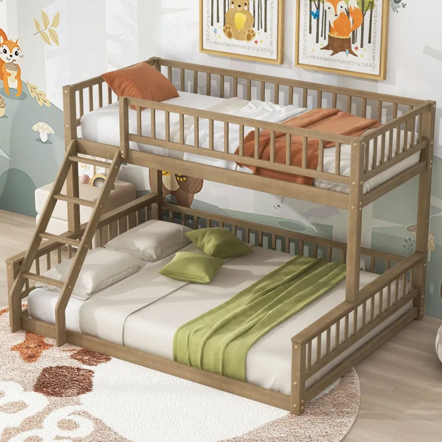 Twin XL over Queen Bunk Bed with Ladder and Guardrails Walnut