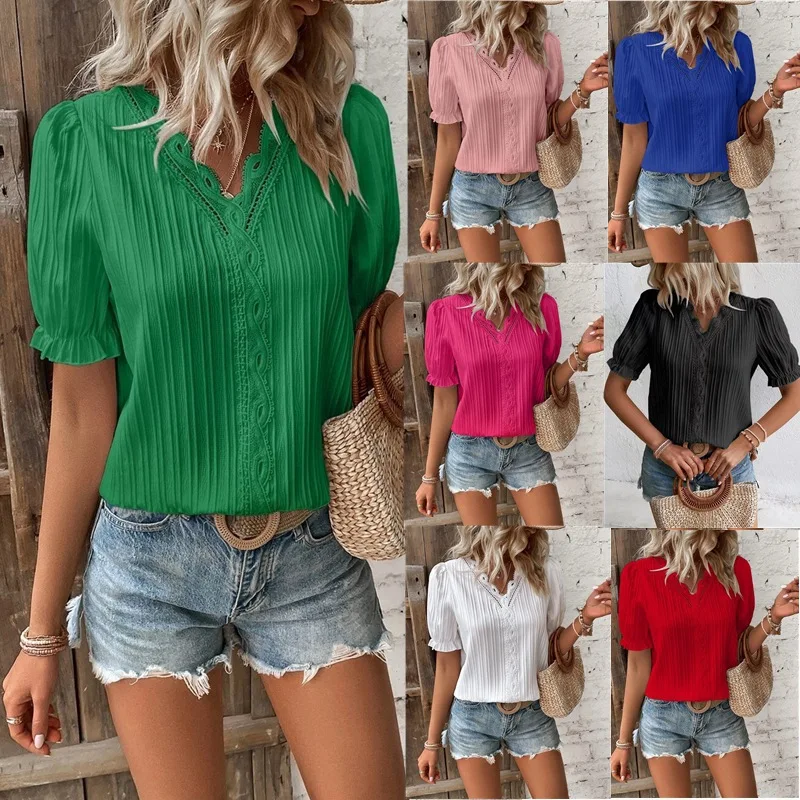 New Summer Women's Top Solid Sexy V-Neck Hollow Short Sleeve Shirt Fashion Splice Blouse Loose Street Apparel