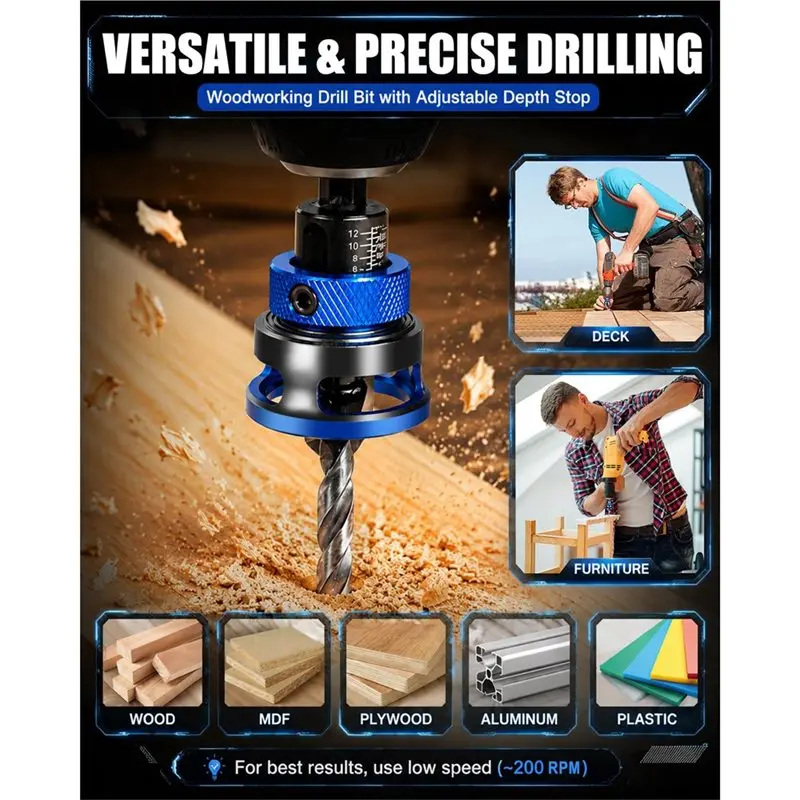 ABRW-TCT Countersink Drill Bit Set(5PCS) With Adjustable Depth Stopper, Pilot Bits For Wood MDF Plastic, 5 Size Options Included