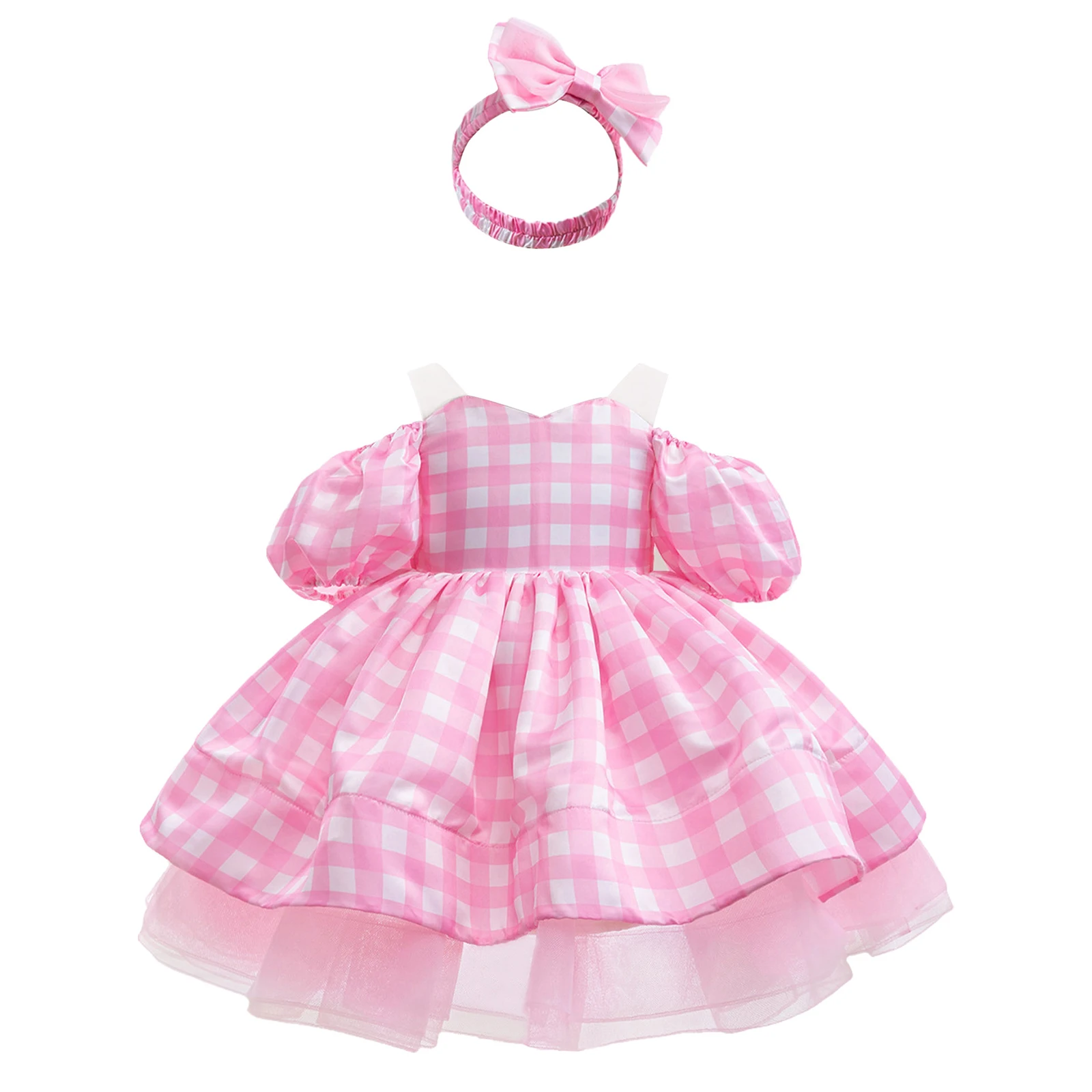 

2Pcs Girl Princess Roleplay Dress Halloween Masquerade Cosplay Costume Off-the-shoulder Puff Sleeves Plaid Tutu+Bowknot Headband