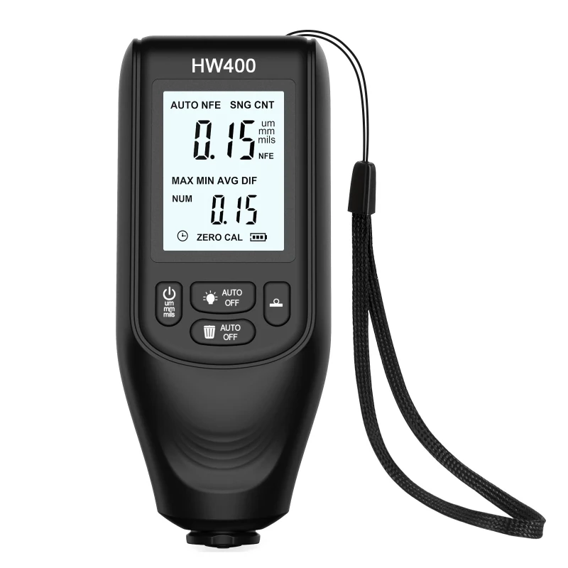 

HW400 Измеритель толщины автомобильного покрытия 0,1 микрон/0-2000 мкм Тестер толщины автомобильной пленки краски Измерительный инструмент Fe и NFe Измеритель покрытия