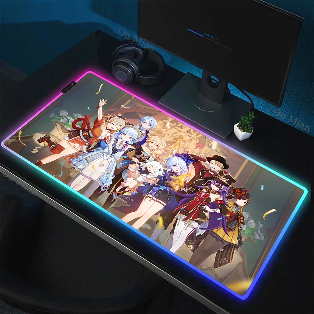 RGB PC Laptop Gamer Mousepad Genshin Impact 80x30 Computer Gaming Mouse Pad Anime Antislip Large LED Carpet Mat Backlit Deskmat