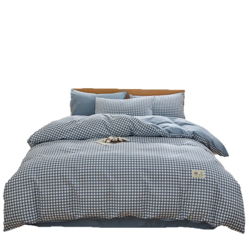 100% Cotton Plaid Bedding Set 4 Pieces Full Size Solid Cotton Duvet Cover Breathable Soft Pure Cotton Bed Linen for Home Use