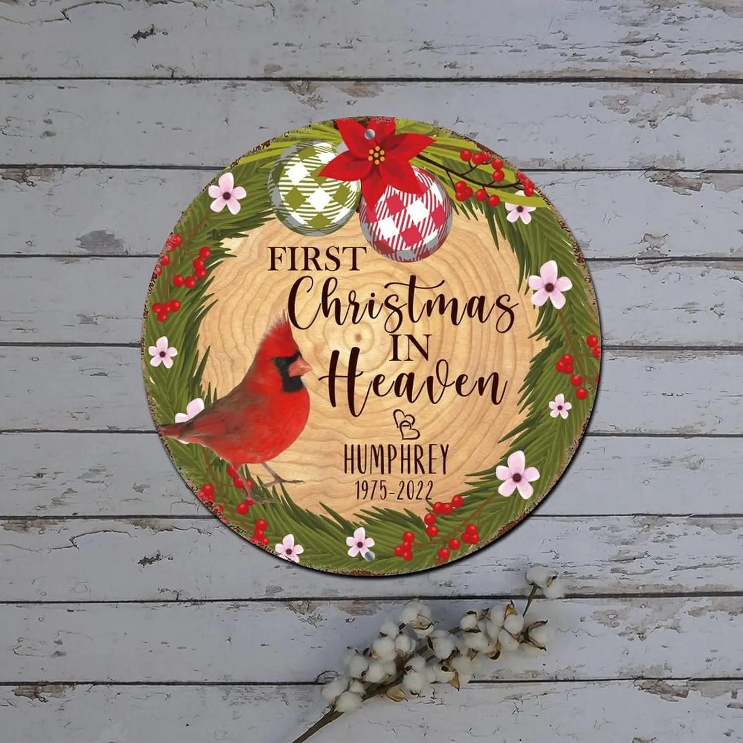 Merry Christmas Sign First Christmas in Heaven Cardinalis Poinsettia Round Metal Tin Sign Christmas Decorations Wreath Retro Pla