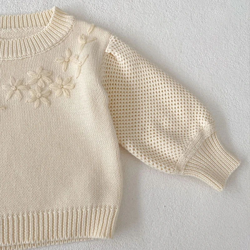 Autumn New 0-3 Year Old Baby Clothing for Girls Handmade Embroidered Round Neck Pullover Sweater Knitted Cotton Top