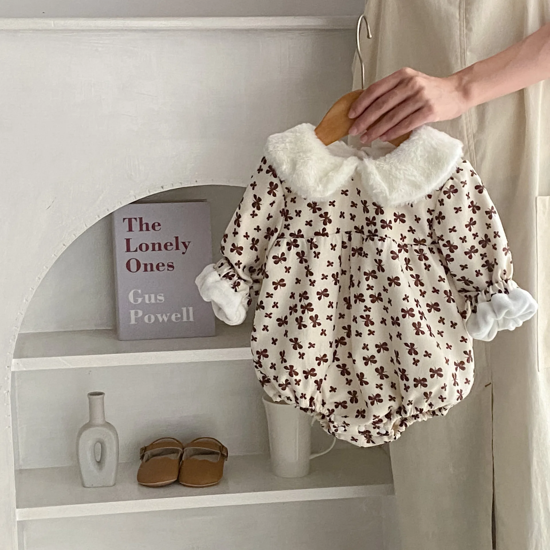 Ins 2024 Autumn Newborn Baby Girls Romper Cotton Printed Hairy Collar Long Sleeve Infant Girls Bodysuit Toddler Girls Outfits