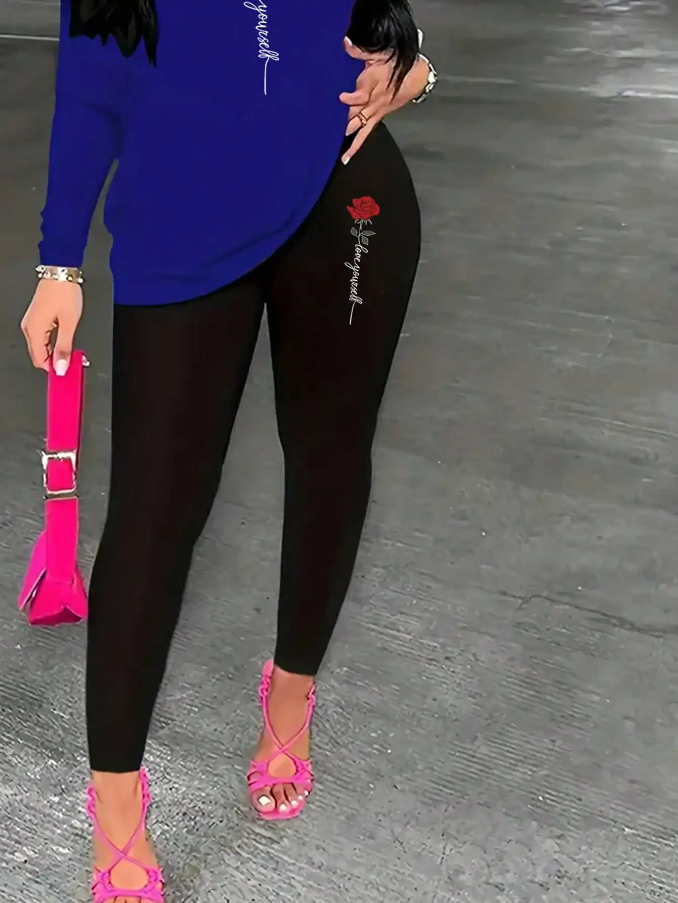 2026 Women's Casual Elegant Rose Printed Two Piece Solid Color Round Neck Long Sleeve T-shirt and Solid Color Printed Pants Set