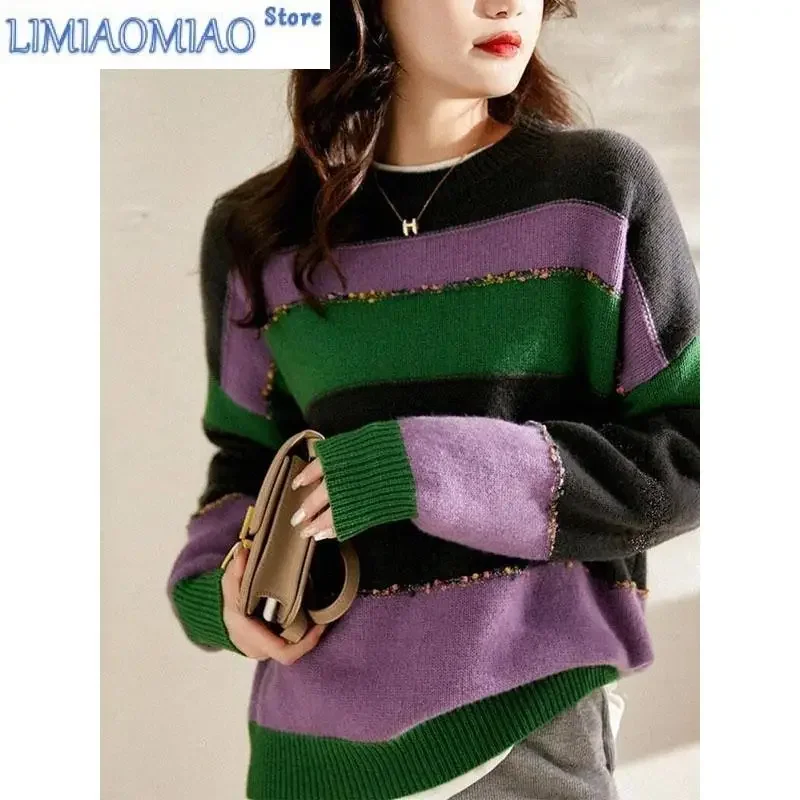 الخريف والشتاء الموضة النسخة الكورية تقسم الملونة مخطط الجولة الرقبة فضفاضة ومتعددة الاستخدامات المرأة الغربية محبوك سترة