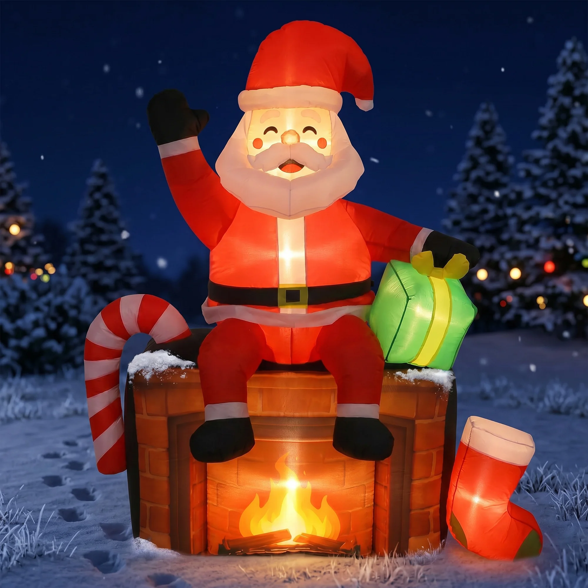 Décoration de jardin extérieure lumineuse de Noël, Père Noël gonflable assis sur une cheminée agitant la main, 6 pieds, ventilateur intégré, polyester imperméable, ornement de pelouse de vacances, décoration de fête, fournitures de décoration saisonnière