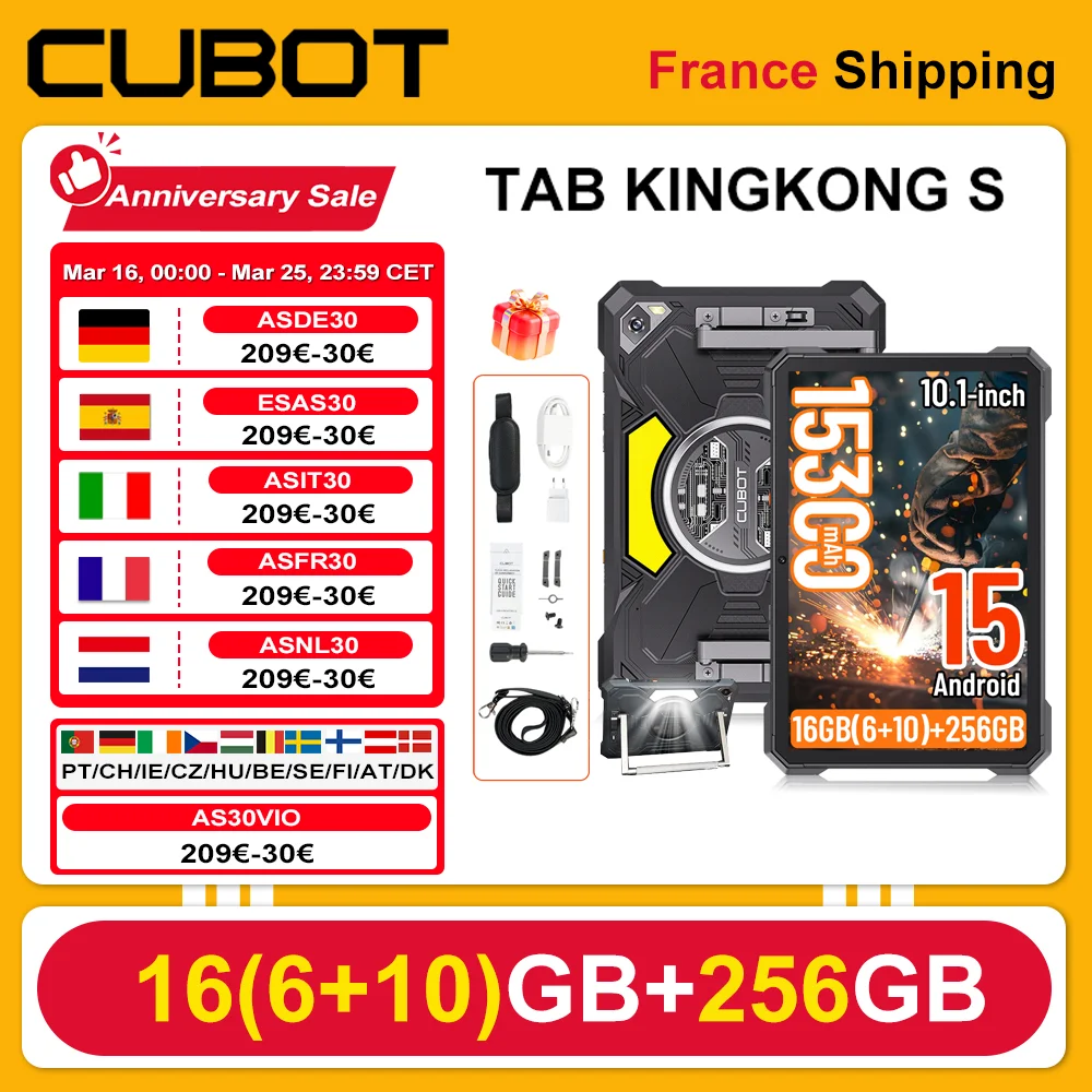 [Spedizione dalla Francia] Cubot TAB KingKong S Tablet Android 15 con Display 10.1'' 90Hz, Batteria 15300mAh, 16GB(6+10) RAM, 256GB ROM, Luce da Campeggio, Fotocamera 48MP
