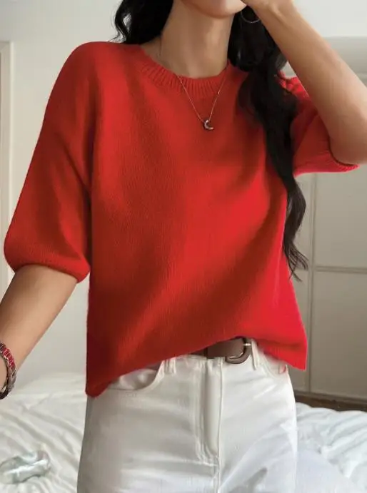 

Y2K Spicy Girl Fashion Short Sleeve T-Shirt Summer Women's Round Neck Solid Color Casual Slimming Short Sleeve Knitted Top