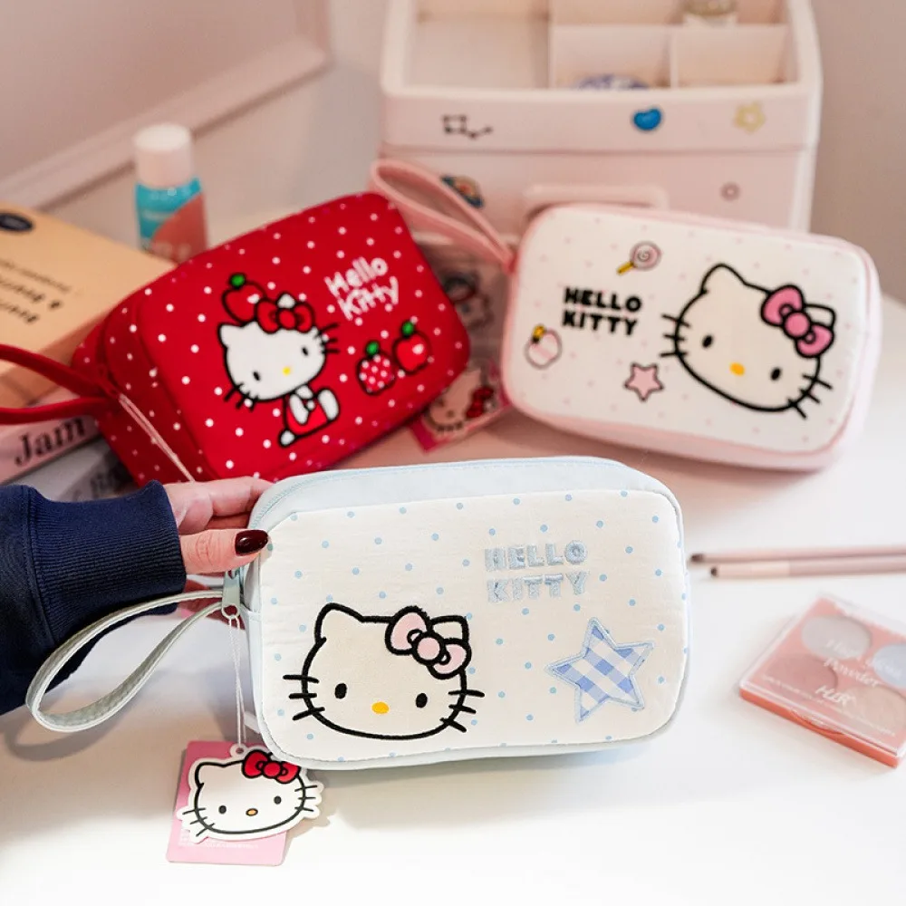 Polka Dot Embroidered Handheld Makeup Bag Cute KT Cat Large Capacity Travel Toiletry Storage Bag Available in Multiple Colors Po