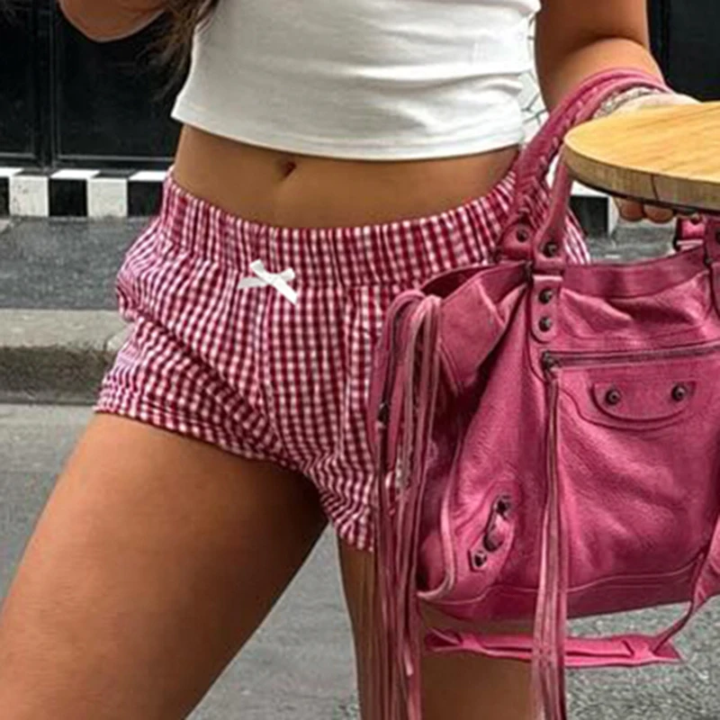 BIIKPIIK Red Plaid Casual Shorts Streetwear All-match Elastic Waist Straight Women Shorts Simple Loungewear Bottoms Summer Trend