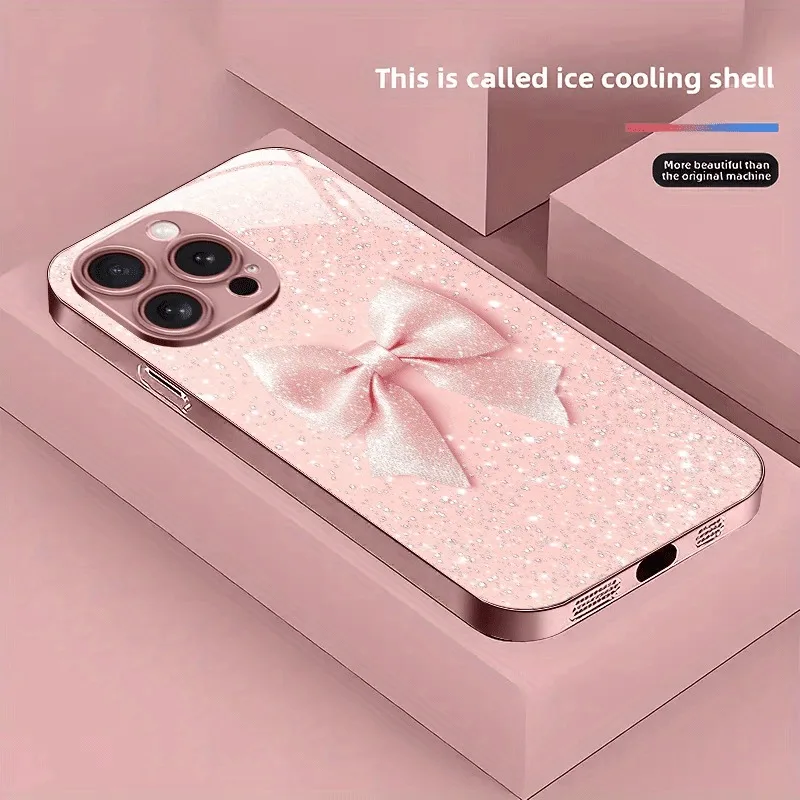 

White Dot Pink Bow Pattern Pink Metal Tempered Glass Phone Case For iPhone 17 16 15 14 13 12 11 Pro Max 15 Plus 17 Air 16E Cover