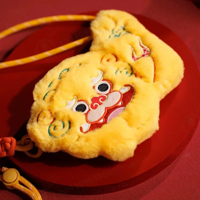 Traditional Chinese Lion Pattern Plush Pouch Embroidery Fortune Bag Crossbody Bag Mini Coin Purse Cultural Creative Gift