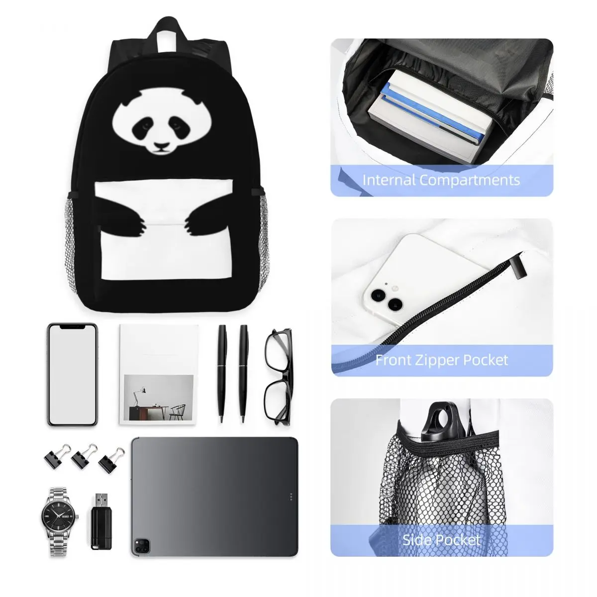 Panda mochila para meninas e meninos, grande capacidade, leve e impermeável, 15 polegadas