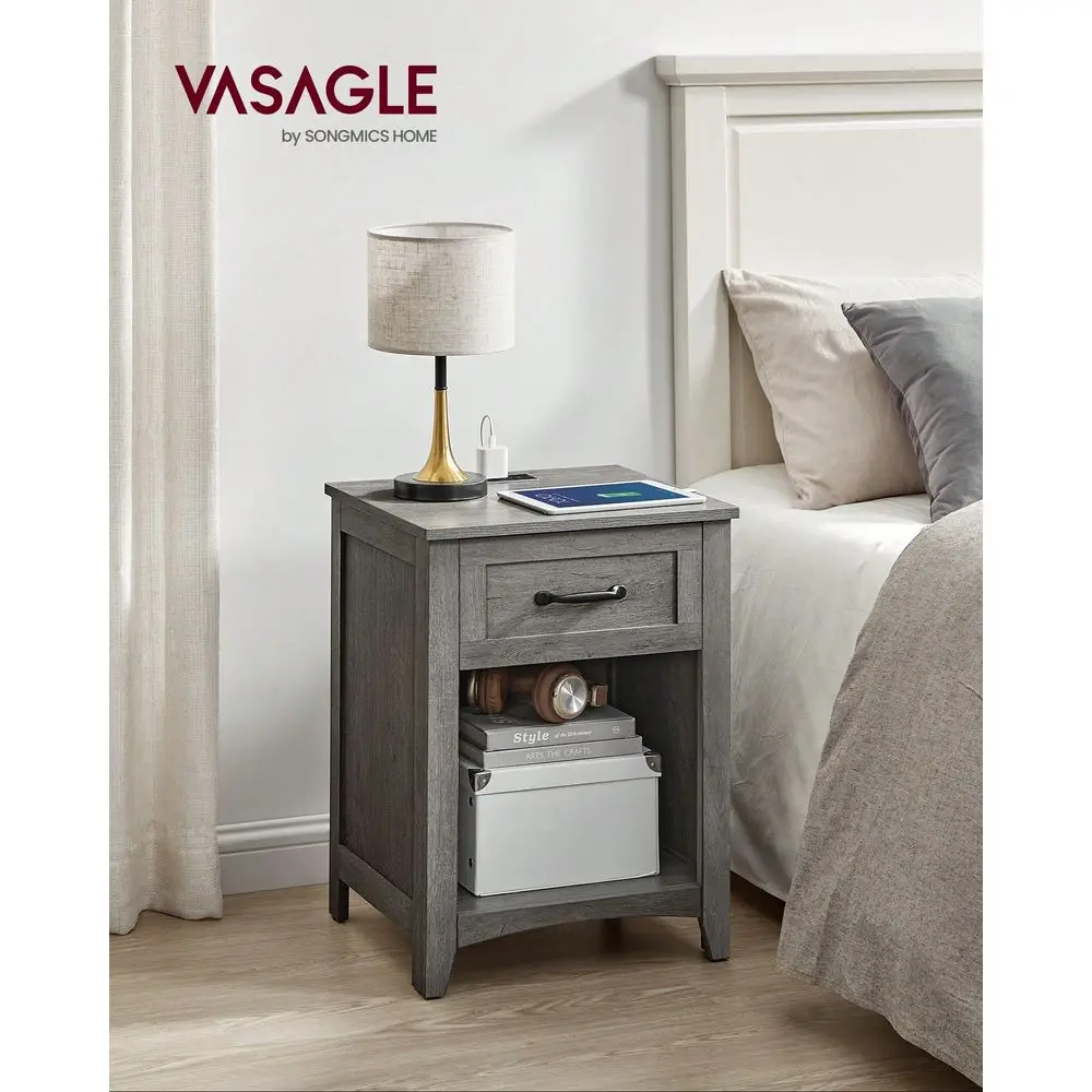 

LIRY Collection Farmhouse Nightstand With Charging Station, Bedside Table, Side Table With Drawer, Open Compartment, For Bedroom