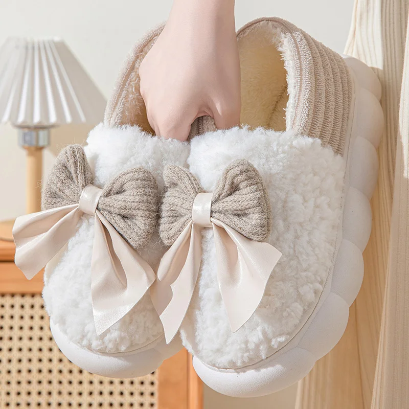 NONE Baumwollhausschuhe für Damen, Herbst und Winter, dicke Sohle, für den Innenbereich, warme Paare, Schuhe, Schleife, rutschfeste, flache Plattform, Damen-Slipper 8