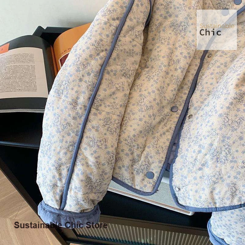 النمط الفرنسي الأزرق الصغيرة الأزهار سروال قصير خياطة القطن مبطن سترة معطف المرأة الخريف والشتاء معطف الرياح كسول دافئ جديد #4
