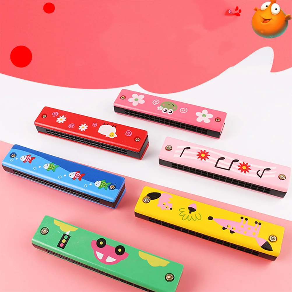 4pcs Wooden Harmonica Toys 16 Holes Double Row Educational Musical Instruments for Kid (Random Pattern)