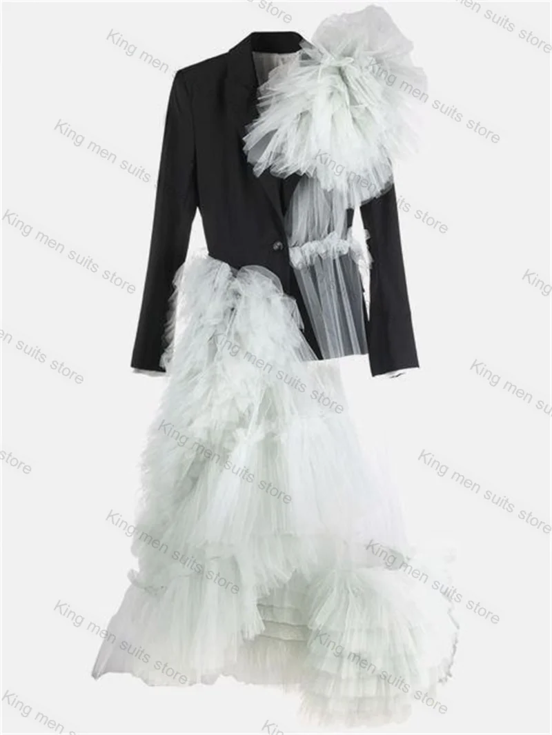 Black Wedding Women Suit Skirt 1 Piece Long Blazer Prom Dress Tiered Tulle Custom Made Formal Luxury Bride Tuxedo Jacket Robes